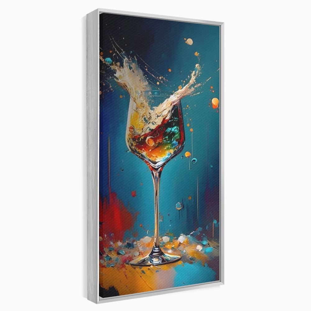 Tablou canvas cu tablou canvas cu pahar de cocktail si stropi colorati, in rama de aluminiu argintiu